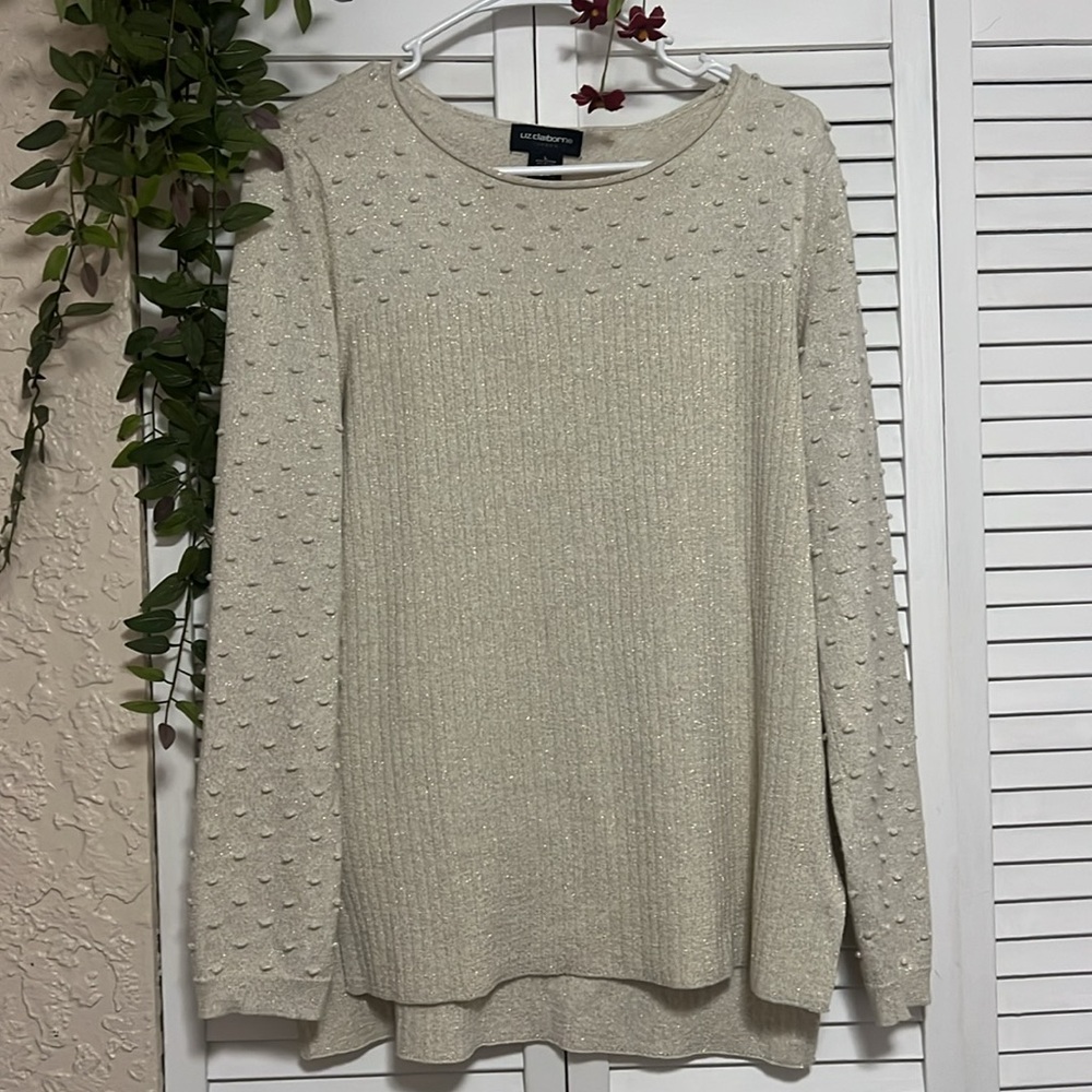 Cream Liz Claiborne gold Pom dressy Taylored dressy crew sweater L cardigan